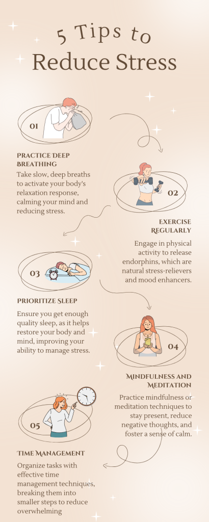 5 Tips to reduce stress. Infographic