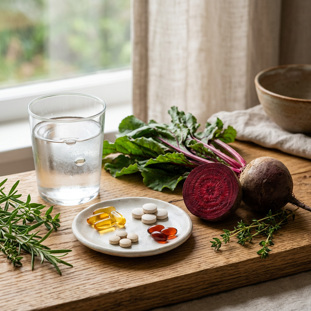 Wellness supplements and herbs beside water