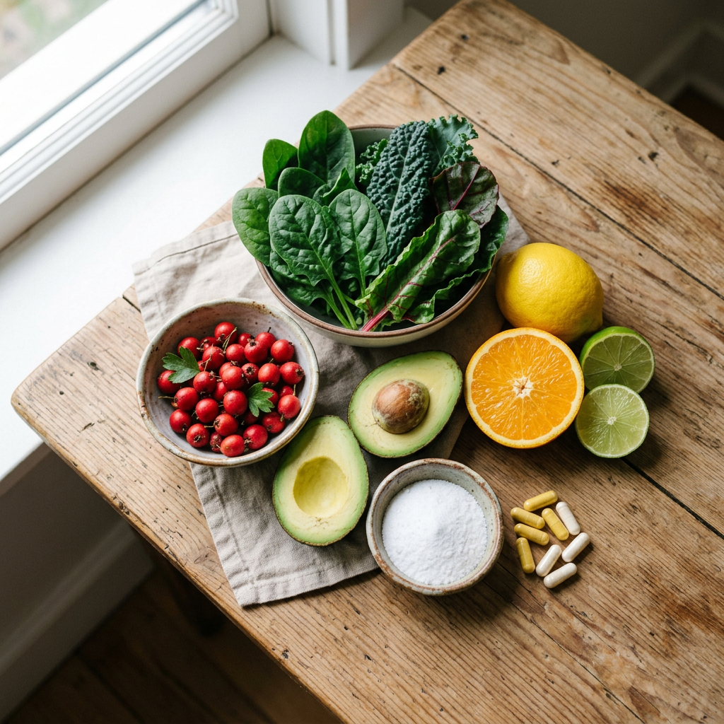 Leafy greens, berries, citrus fruit, avocado, salt, and supplements on a wooden table