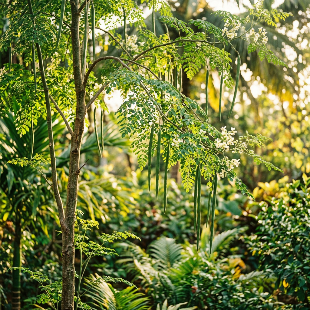 Flowering tropical tree with long pods among dense green jungle foliage