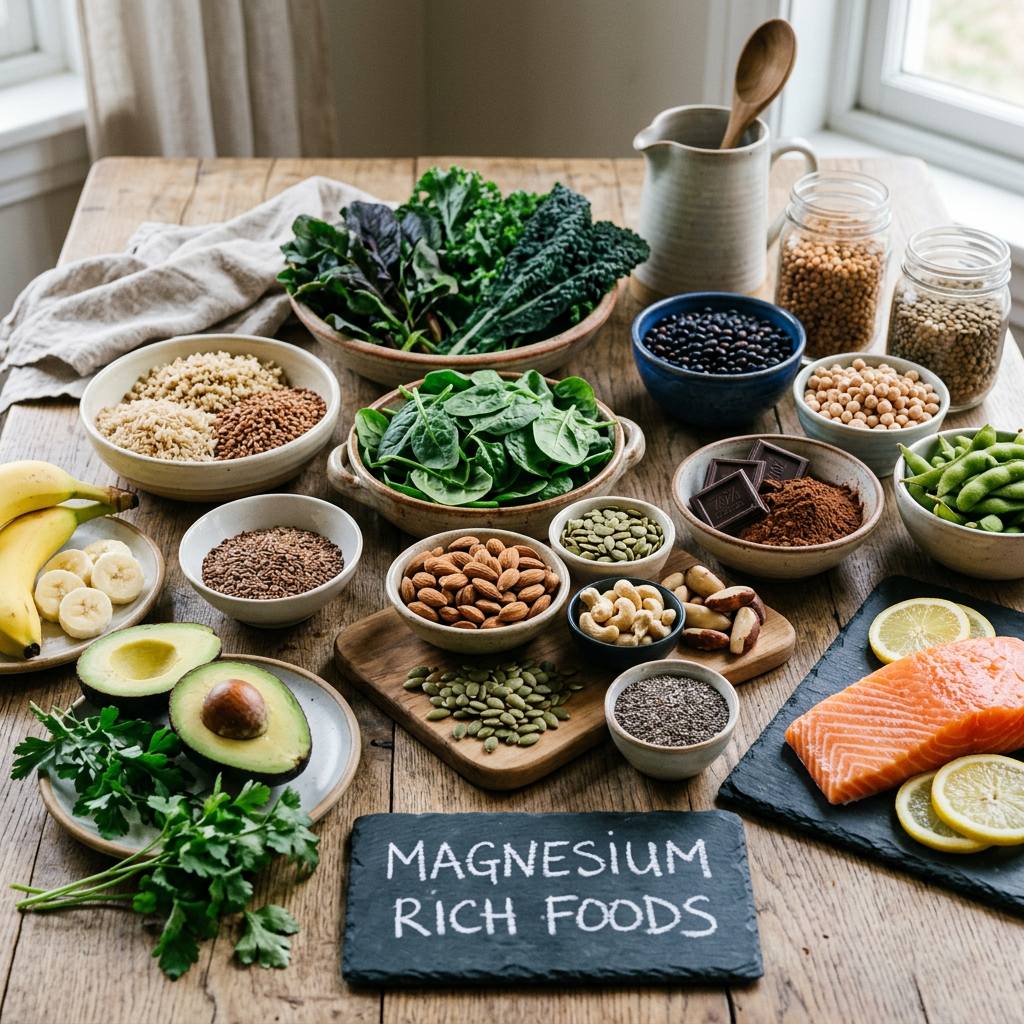 Magnesium rich foods labeled on slate, including greens, seeds, nuts, legumes, avocado, and salmon