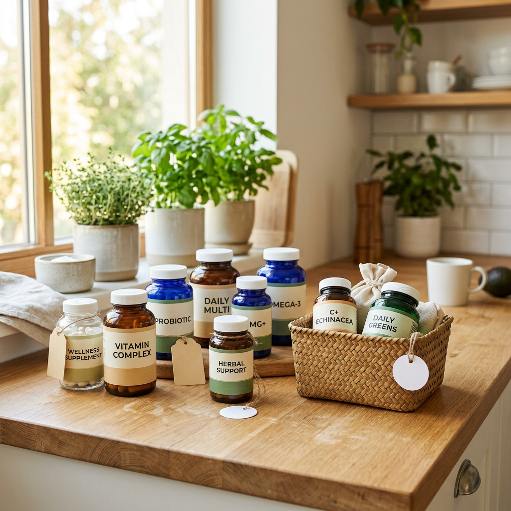 Supplement containers labeled Wellness Supplement, Vitamin Complex, Probiotic, Daily Multi, Omega-3, MG+, Herbal Support, C+ Echinacea, and Daily Greens.